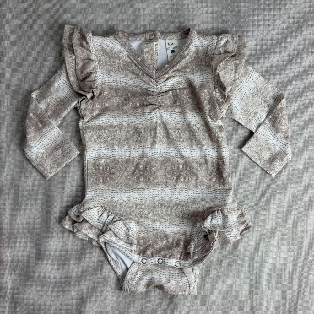 Kate Quinn Ruffle Bamboo Long Sleeve Layette Tan White 12-18M Onepiece